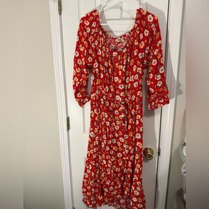 Red Floral Button Front Midi Dress | Flowy Peasant Style | Size 2X